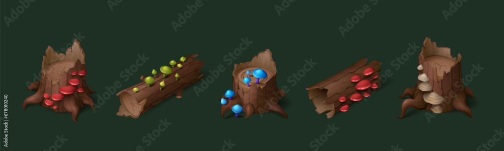 Poster cartoon tree stump and log with moss and fantasy bright glowing mushrooms for game ui. vector illust