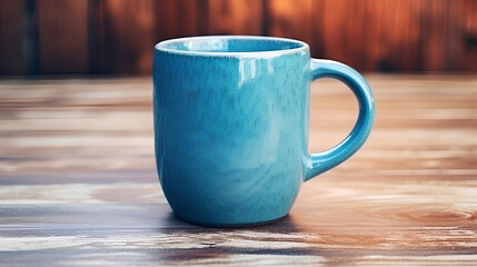 a blue ceramic cup of coffee on a wooden table - obrazy, fototapety, plakaty