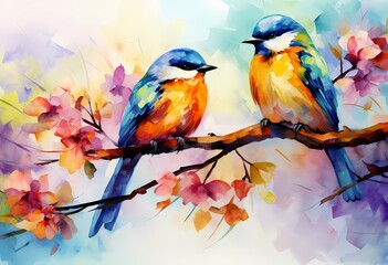 Watercolor artwork of two birds with vibrant plumage perched on a branch with delicate pink blossoms.