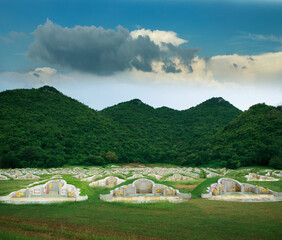 landscape of chinese mausoleum infront of green mountain