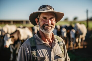 Male farmer smiling on cattle farm under hot sunlight - obrazy, fototapety, plakaty