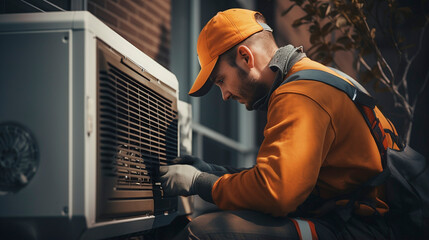 Heating and Cooling Pro: Technician Fine-Tuning HVAC Unit, Generative AI - obrazy, fototapety, plakaty