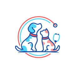 Cartoon dog and cat line art veterinarian logo, vector illustration