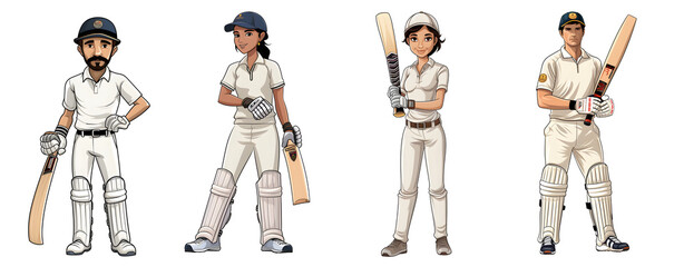 A male, female Cricket Players cartoon clip art in transparent background cutout - Generative AI	