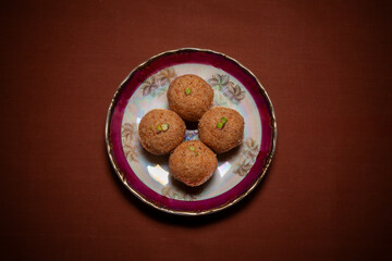 Top view of delicious Indian sweet Khoya ladoo. Made up of Mawa, Milk, and Sugar.