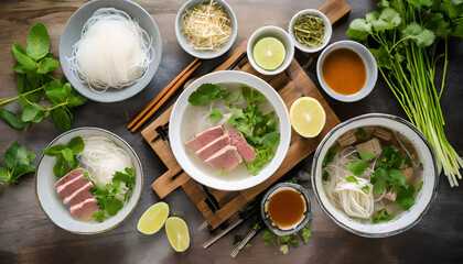 An aerial view of a Vietnamese pho spread features bowls of steaming broth, rice noodles, fresh herbs, and slices of tender beef, creating a comforting and aromatic culinary experience.