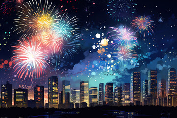 Fototapeta premium Cityscape with fireworks and skyscrapers at night, vector illustration. 