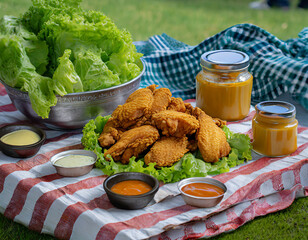 An antique picnic blanket hosts a spread of golden-fried chicken pieces, neatly arranged alongside jars of tangy sauces and a scattering of vibrant green lettuce.