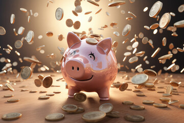 Sparschwein mit Geldregen, Piggy bank with rain of money - obrazy, fototapety, plakaty