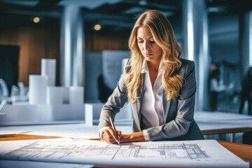 A female architect confidently drawing with pencil her urban planning project, showcasing her leadership in the field of architecture and business.