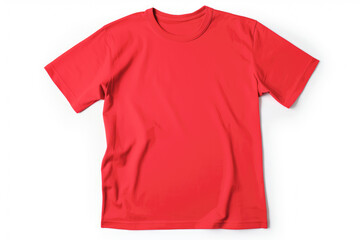 An isolated red cotton t-shirt serves as a blank template for fashion design, offering an empty canvas for creative expressions in the clothing industry.