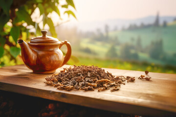 Close-up of a steaming teapot of black herbal tea, set on a wooden table against a natural background. - obrazy, fototapety, plakaty