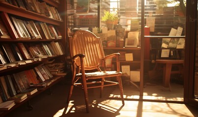 a cozy bookstore scene with warm sunlight filtering through the window, casting a glow on a vintage wicker chair. The chair is positioned next to a well-stocked bookshelf filled with an array of books - obrazy, fototapety, plakaty