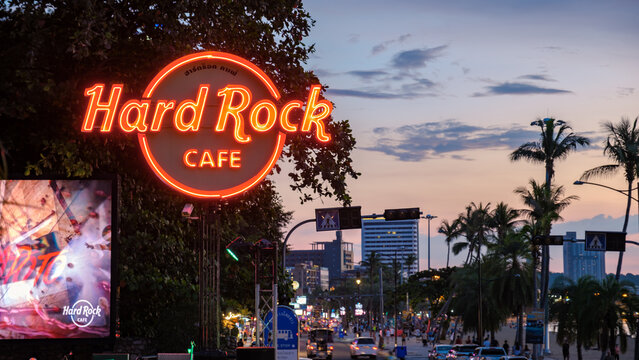 Pattaya Thailand 10 November 2023, Hard rock cafe and hotel on the beach road , close up of Hard Rock Cafe during sunset