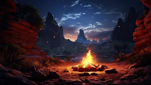 Nighttime Canyon: A Cosmic Ballet Illuminated by Campfire. 4K Ultra HD Animated Seamless Loop Background.