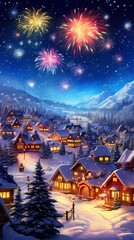 Bright colorful fireworks, lots of salutes in the beautiful night sky against the backdrop of Santa Claus' winter village