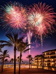 Fototapeta na wymiar Bright colorful fireworks, lots of salutes in the beautiful night sky during New Year celebration in a warm southern resort with palm trees