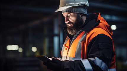 Obraz premium Factory Technology: Industrial Worker with Digital Tablet, Generative AI