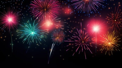 Bright fireworks with bokeh background, lots of salutes in the beautiful night sky New Year celebration, Abstract holiday background