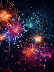 Naklejka premium Bright fireworks with bokeh background, lots of salutes in the beautiful night sky New Year celebration, Abstract holiday background