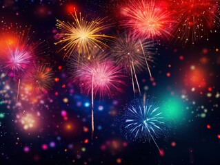 Fototapeta premium Bright fireworks with bokeh background, lots of salutes in the beautiful night sky New Year celebration, Abstract holiday background