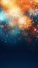Obraz na płótnie Canvas Bright colorful fireworks with bokeh background, lots of salutes in the beautiful night sky, New Year celebration, background with space for text