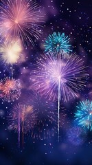 Fototapeta premium Bright fireworks with bokeh background, lots of salutes in the beautiful night sky New Year celebration, Abstract holiday background