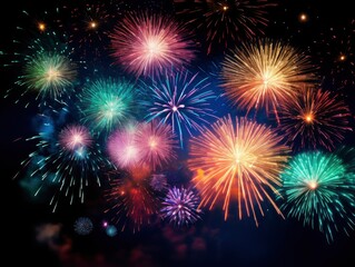 Obraz premium Bright fireworks with bokeh background, lots of salutes in the beautiful night sky New Year celebration, Abstract holiday background