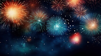 Naklejka premium Bright colorful fireworks with bokeh background, lots of salutes in the beautiful night sky, New Year celebration, background with space for text