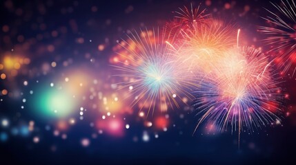 Fototapeta premium Bright colorful fireworks with bokeh background, lots of salutes in the beautiful night sky, New Year celebration, background with space for text