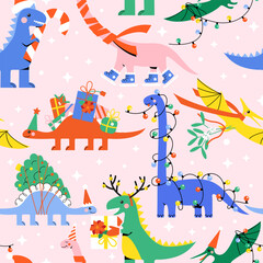 Funny cartoon dinosaurs Christmas pattern. Abstract geometric Holiday background. Hand drawn modern style vector illustration. - 678015427