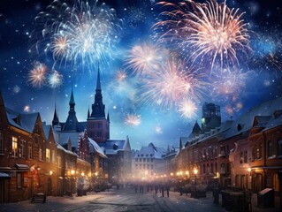 Fototapeta na wymiar Bright fireworks, very many giant salutes on the background of a beautiful night sky in the small european winter city