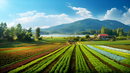 Fototapeta na wymiar Idyllic scenery with an organic farm and crops. AI generated.