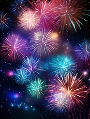 Naklejka premium Bright fireworks with bokeh background, lots of salutes in the beautiful night sky New Year celebration, Abstract holiday background