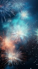 Fototapeta premium Bright fireworks with bokeh background, lots of salutes in the beautiful night sky New Year celebration, Abstract holiday background