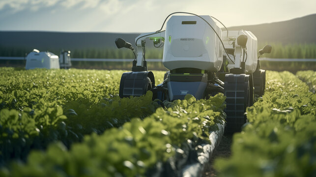 Future of digital agriculture, robots growing and harvesting crops. AI generated