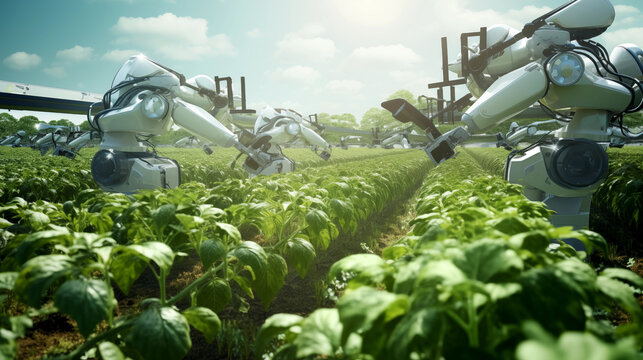 Future of digital agriculture, robots growing and harvesting crops. AI generated