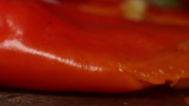 close up macro on grind the chilies.
