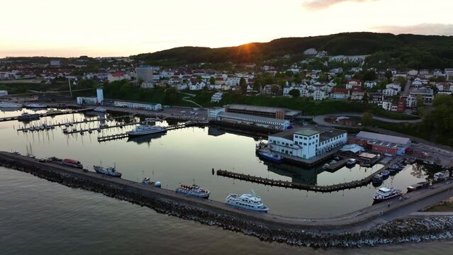 Aerial view around the Sportboothafen marina in Sassnitz, sunset in Germany