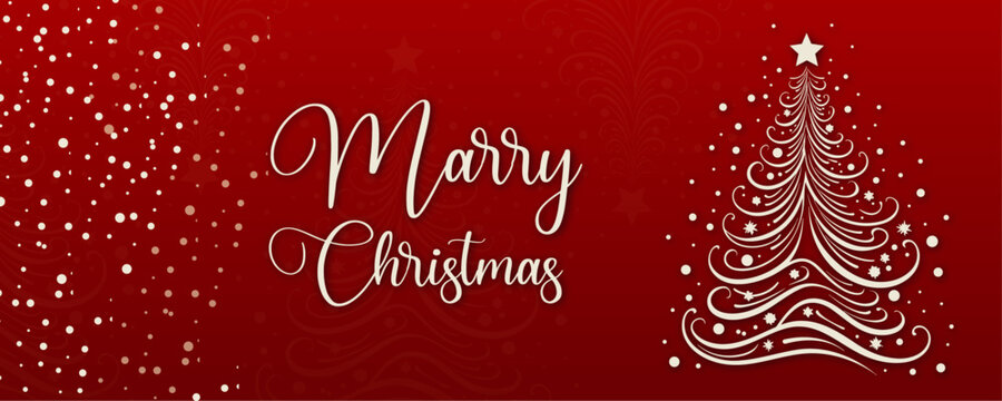 Marry Christmas and Happy New Year banner on red background with pines tree. Vector illustration design