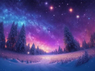 Zelfklevend Fotobehang Cosmic sky full of bright shining stars, over a winter landscape on Christmas night. Generative AI © Alena