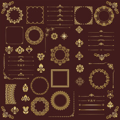Vintage brown and golden set of vector horizontal, square and round elements. Elements for backgrounds and frames. Classic patterns. Set of vintage patterns
