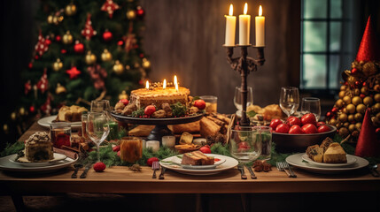 Fototapeta na wymiar Whimsical Christmas Eve Dinner Tablescapes