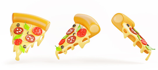 Isolated pizza slices with melted cheese 3d render icon set. Traditional Italian food, cartoon pepperoni with basil leaves, salami, tomato and olive for restaurant or pizzeria menu. 3D illustration