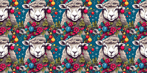 Fototapeta na wymiar Seamless pattern of an lamb wearing knitted scarf, Christmas decorations and trees.Generative AI