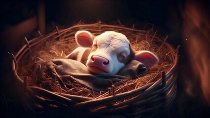 Сute calf sleeps sweetly on bed of thick hay. Close-up, dark background. Generative AI - obrazy, fototapety, plakaty