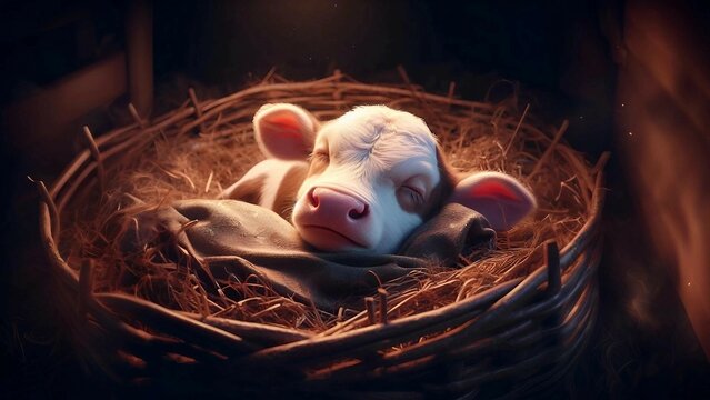 Сute calf sleeps sweetly on bed of thick hay. Close-up, dark background. Generative AI