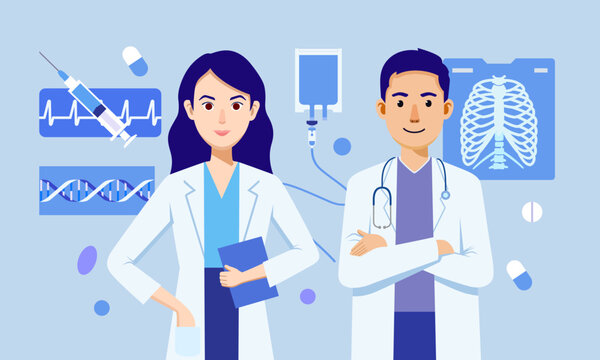 Friendly male and female doctors, background with medicine, IV bag, heart rate, DNA, syringe. Vector illustration