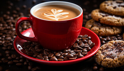 Espresso with latte art in a red cup, coffee beans scattered around, with chocolate cookies.