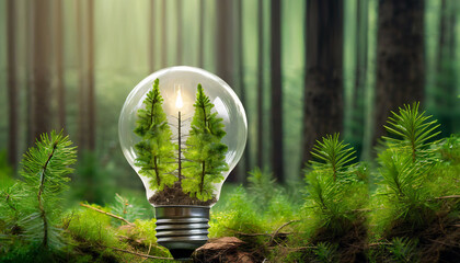 森の中で輝く電球のイメージ